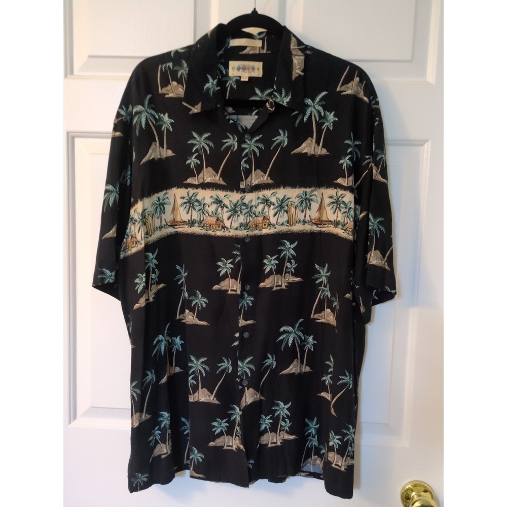 Vntg Campia Moda Hawaian Blk Rayon S Slv Shirt W/Palms Hut Boat & Surfbds  Sz L